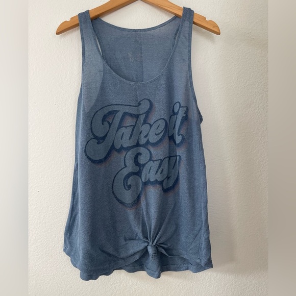 Take it Easy Vintage Tank Top size M Sheer Light Blue Racerback Knotted - Picture 1 of 5